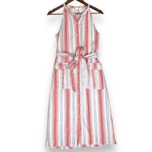 GAP Halter Shirt Dress Striped Sleeveless Belt Pockets Red White Blue XS Tall‎